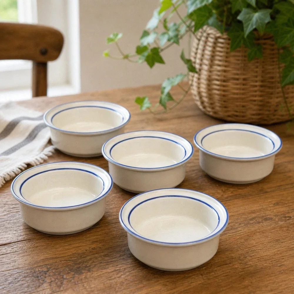 Dansk International Designs Denmark Blue Rim Cream Ramekins Set of 5 Small Bowls